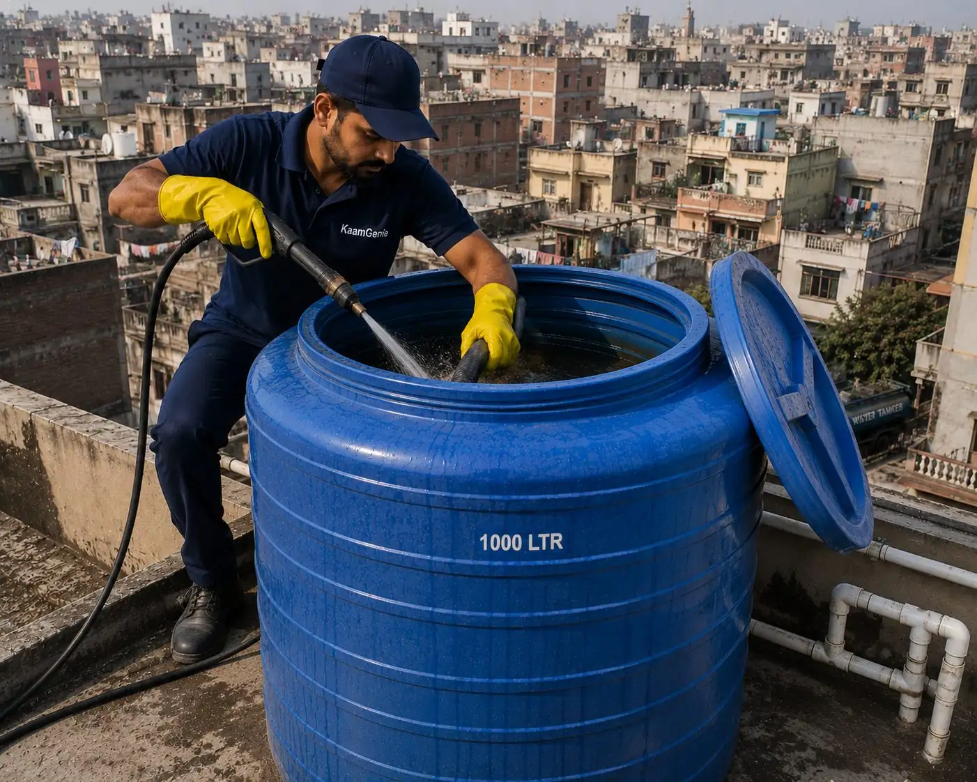 KaamGenie crew cleaning a 1000-litre plastic overhead water tank on a Khanpur plot-house rooftop in South Delhi