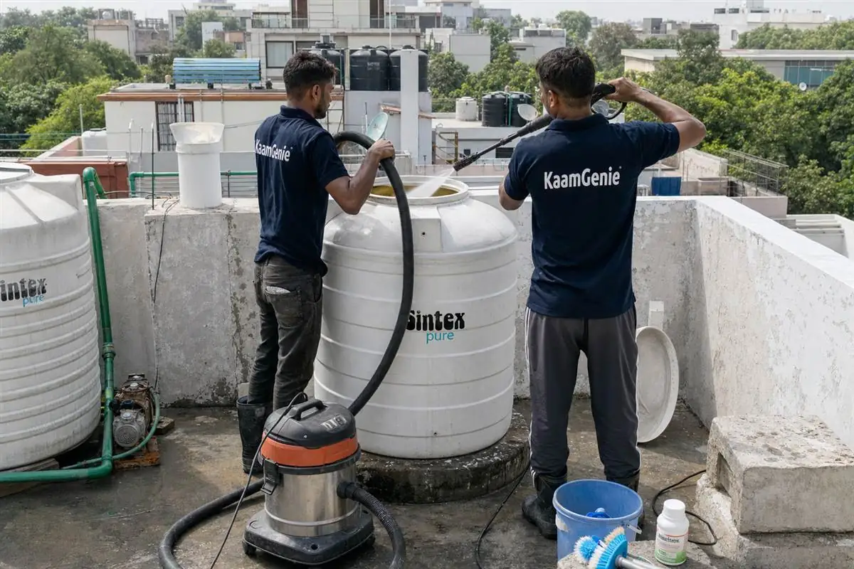 KaamGenie crew cleaning a water tank in Khirki Extension, Delhi