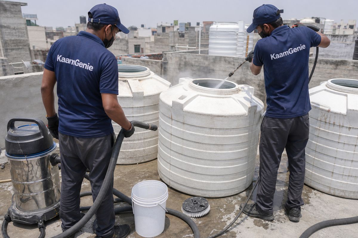 KaamGenie crew cleaning a water tank in Khizrabad, Delhi