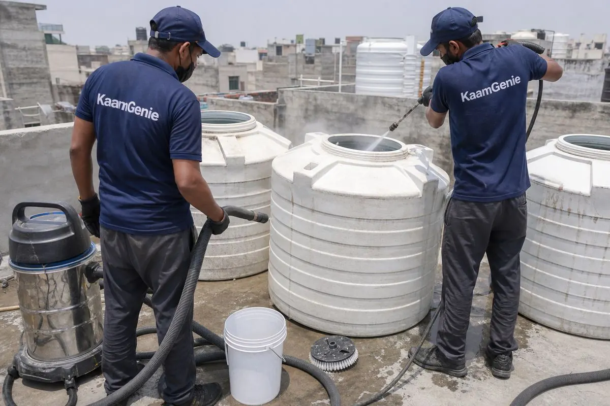 KaamGenie crew cleaning a water tank in Khizrabad, Delhi