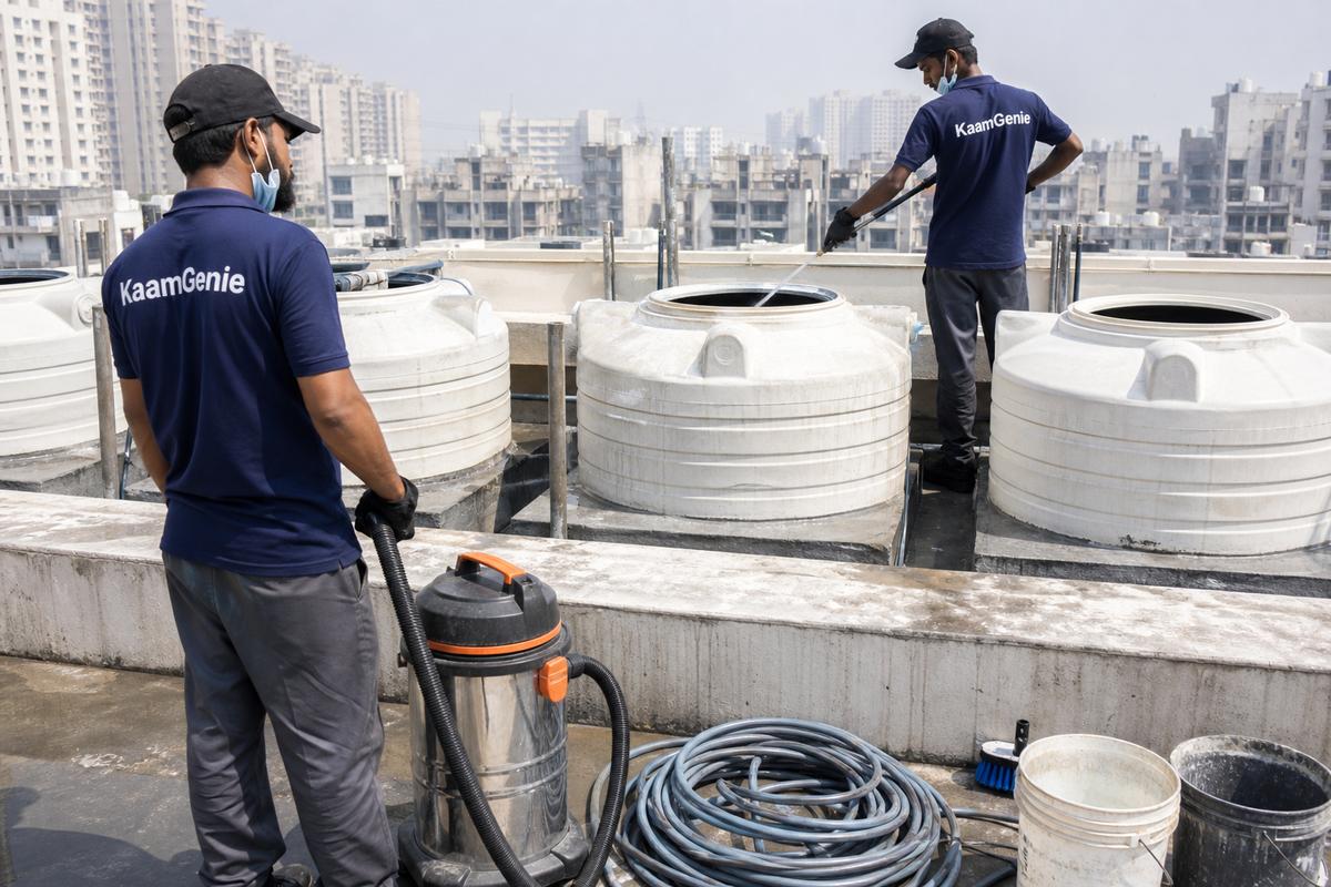 KaamGenie crew cleaning a water tank in Kidwai Nagar, Delhi