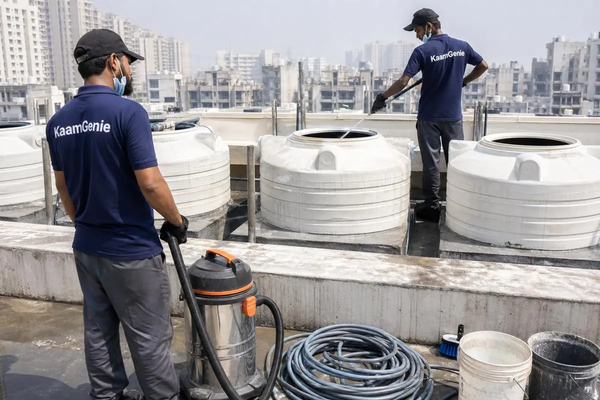 KaamGenie crew cleaning a water tank in Kidwai Nagar, Delhi
