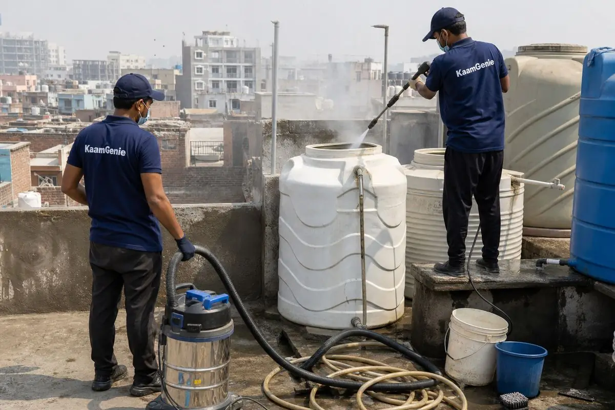 KaamGenie crew cleaning a water tank in Kilokri, Delhi