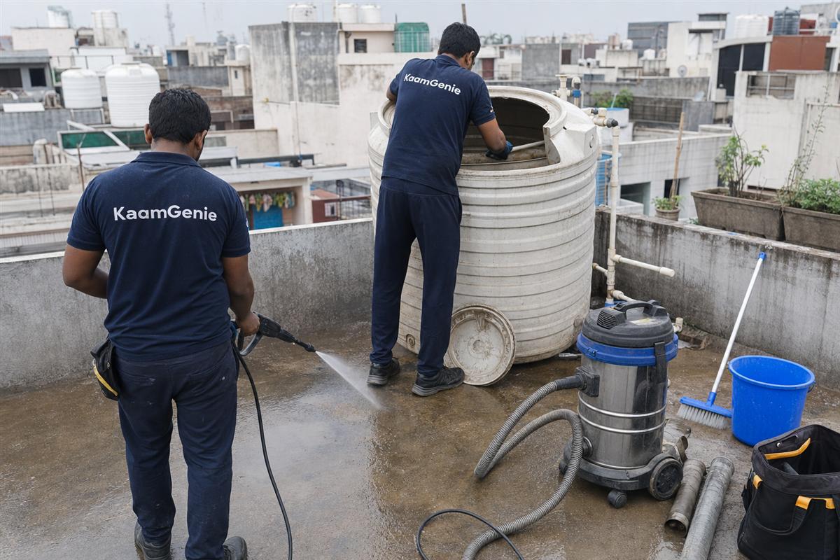 KaamGenie crew cleaning a water tank in Kingsway Camp, Delhi