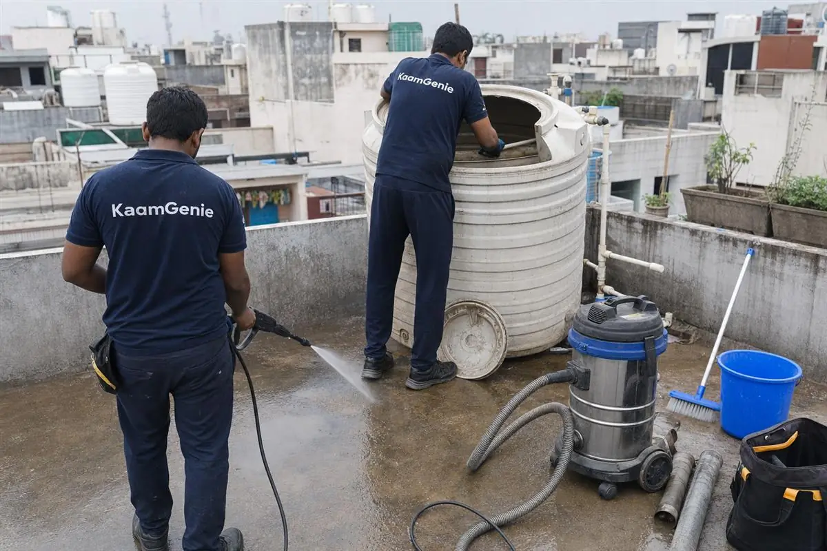 KaamGenie crew cleaning a water tank in Kingsway Camp, Delhi