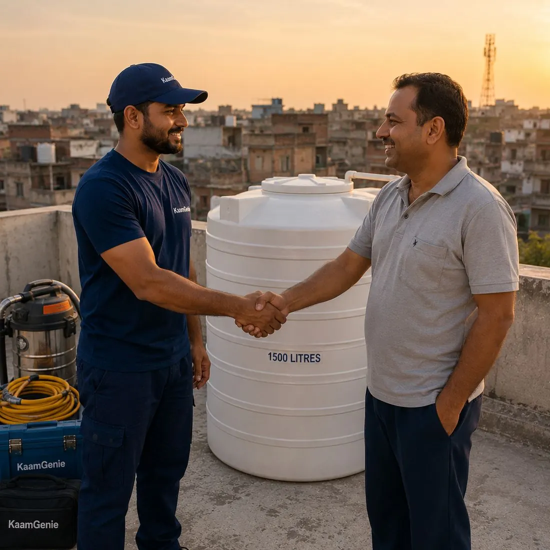 KaamGenie crew cleaning a water tank in Kirari Suleman Nagar, West Delhi