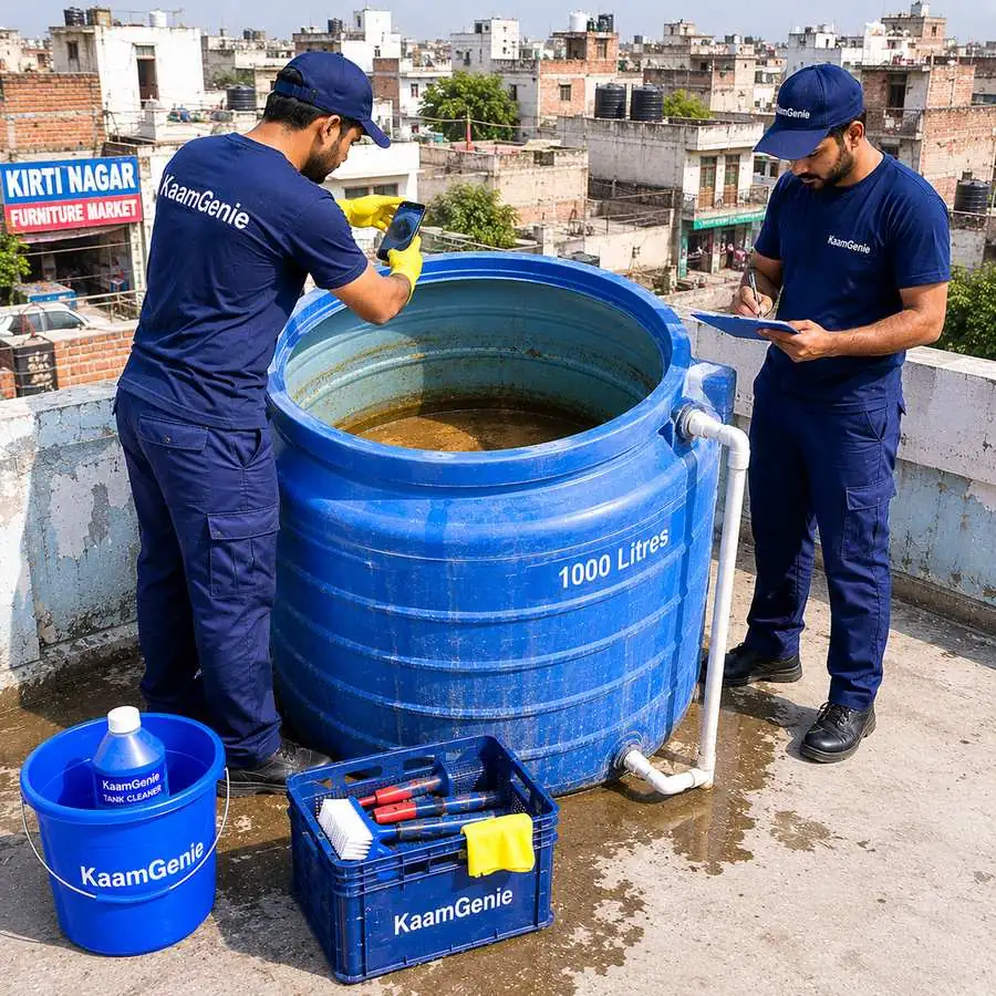 KaamGenie crew cleaning a water tank in Kirti Nagar, West Delhi