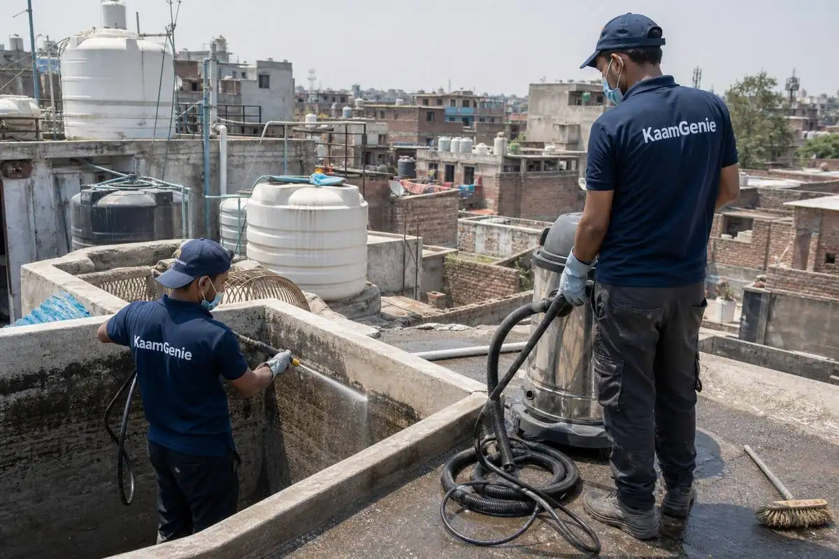 KaamGenie crew cleaning a water tank in Kishan Ganj, Central Delhi
