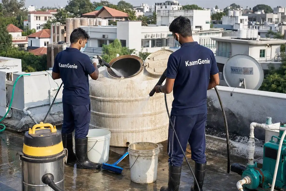 KaamGenie crew cleaning a water tank in Kishangarh, Delhi