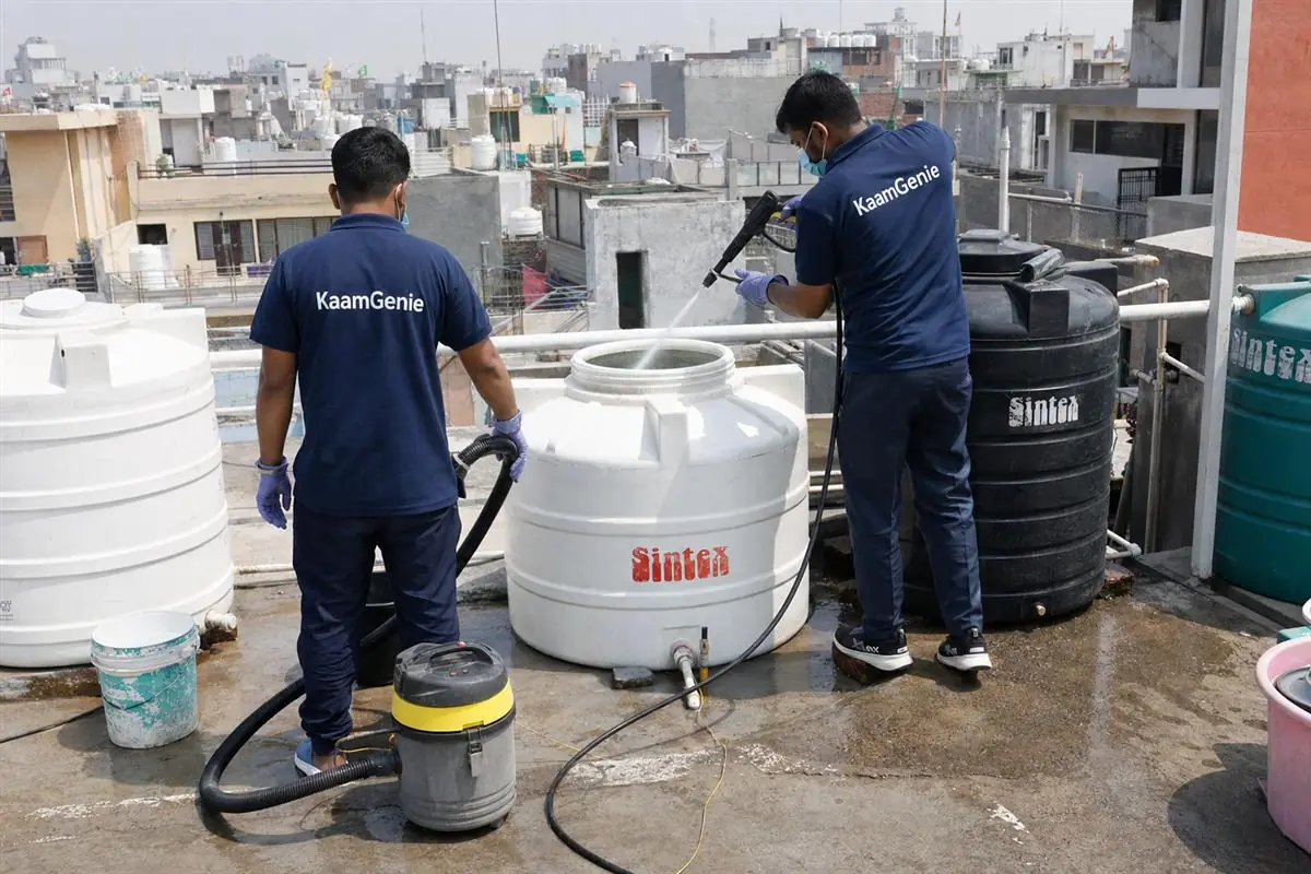 KaamGenie crew cleaning a water tank in Kotla Mubarakpur, Delhi