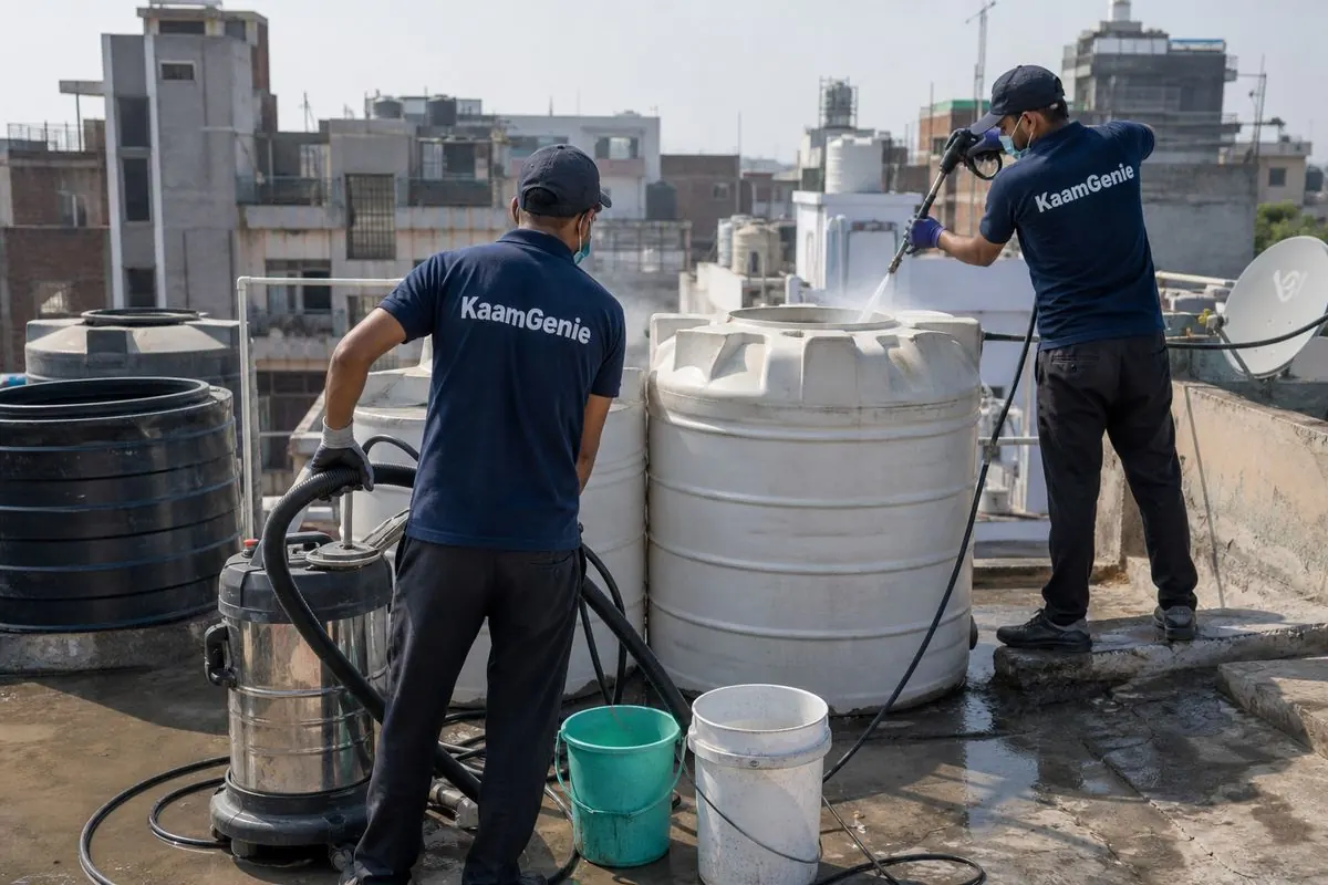 KaamGenie crew cleaning a water tank in Krishna Nagar (Safdarjung), Delhi