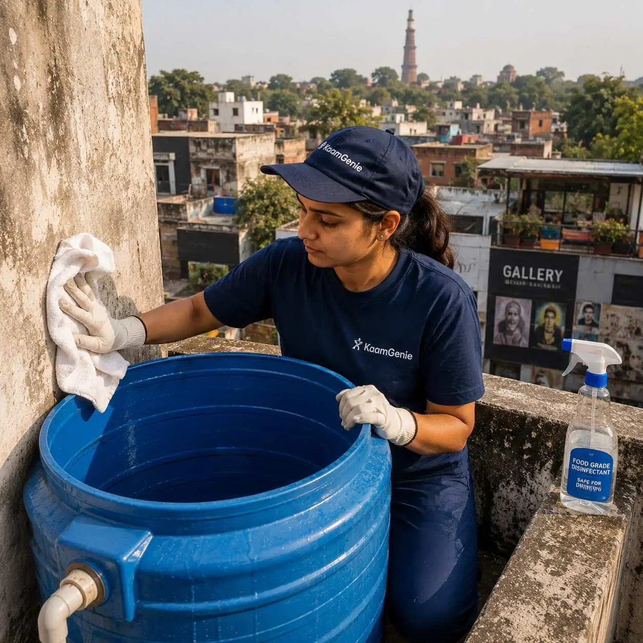 KaamGenie crew cleaning an overhead water tank on a Lado Sarai rooftop in South Delhi