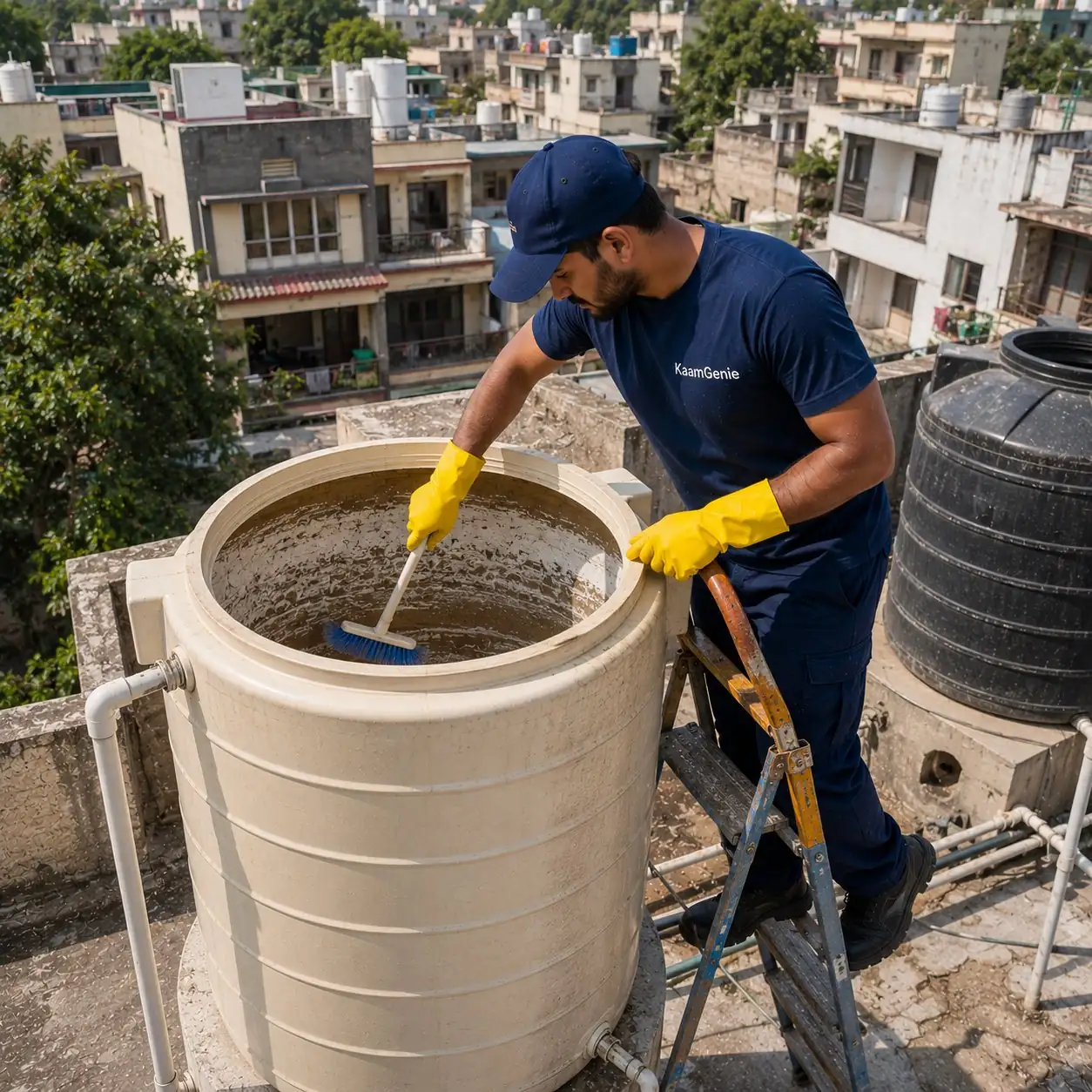KaamGenie crew member cleaning a heavily scaled overhead water tank on a Lajpat Nagar II builder floor rooftop