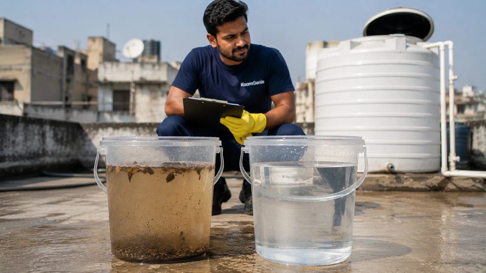KaamGenie crew cleaning a water tank in Laxmi Nagar Extension, East Delhi
