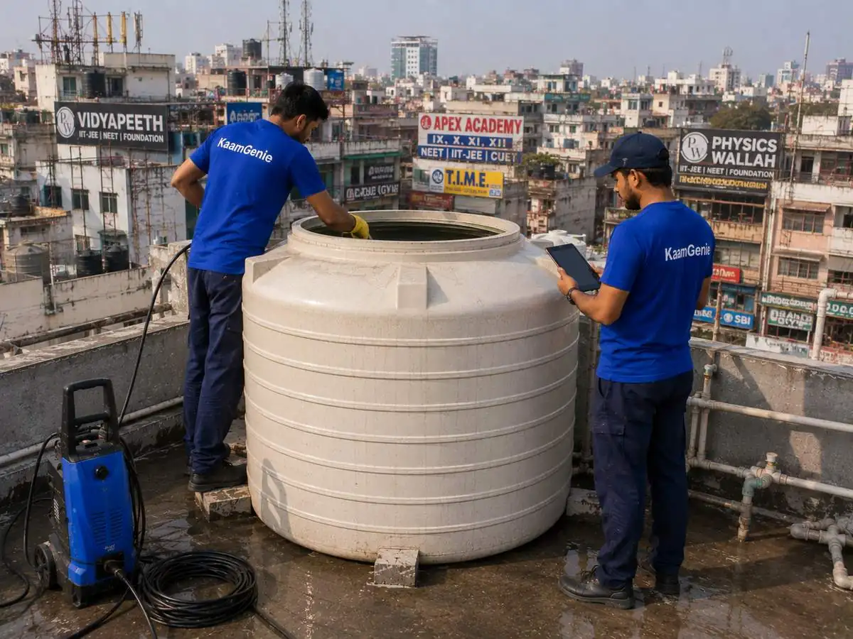 KaamGenie crew cleaning a water tank in Laxmi Nagar, East Delhi