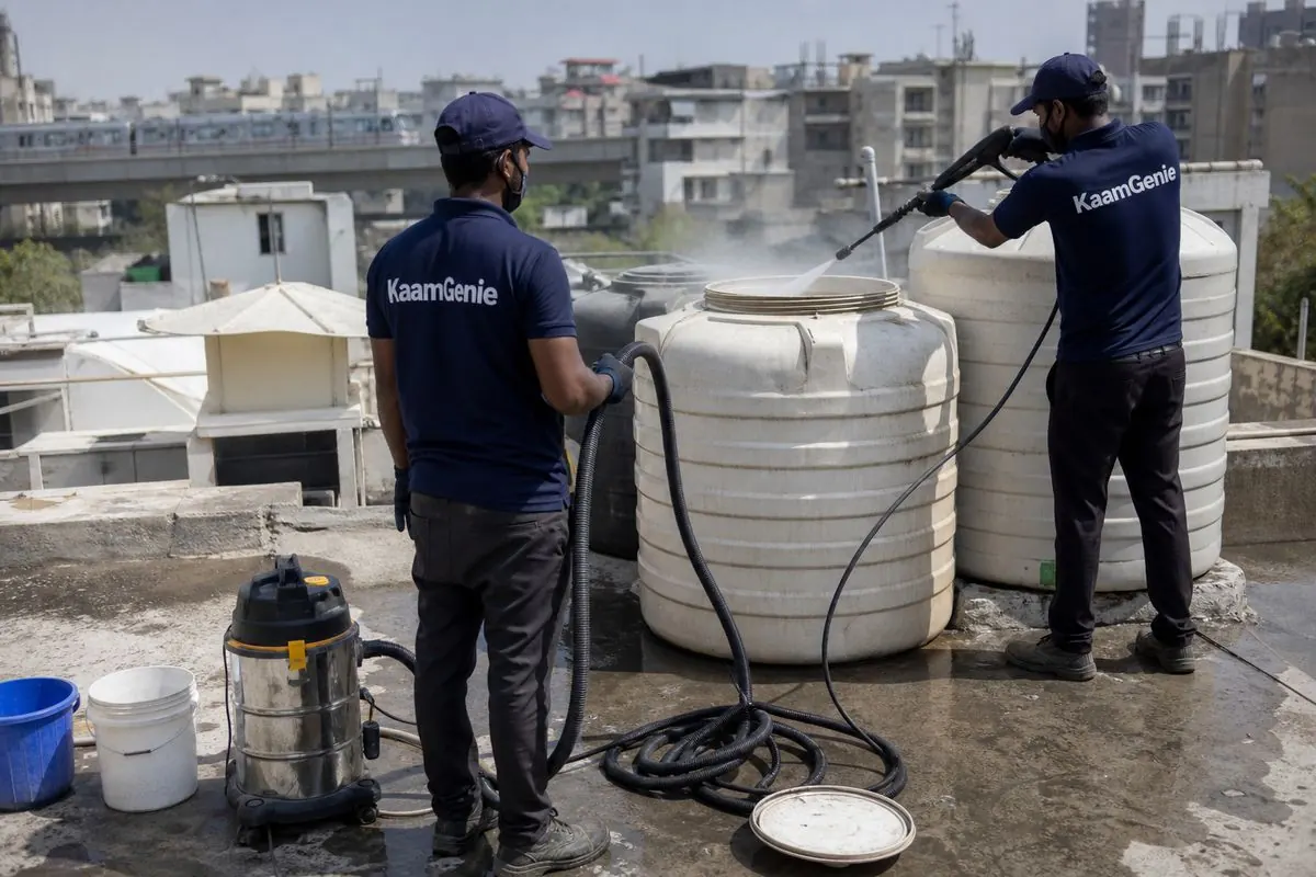 KaamGenie crew cleaning a water tank in Laxmibai Nagar, Delhi