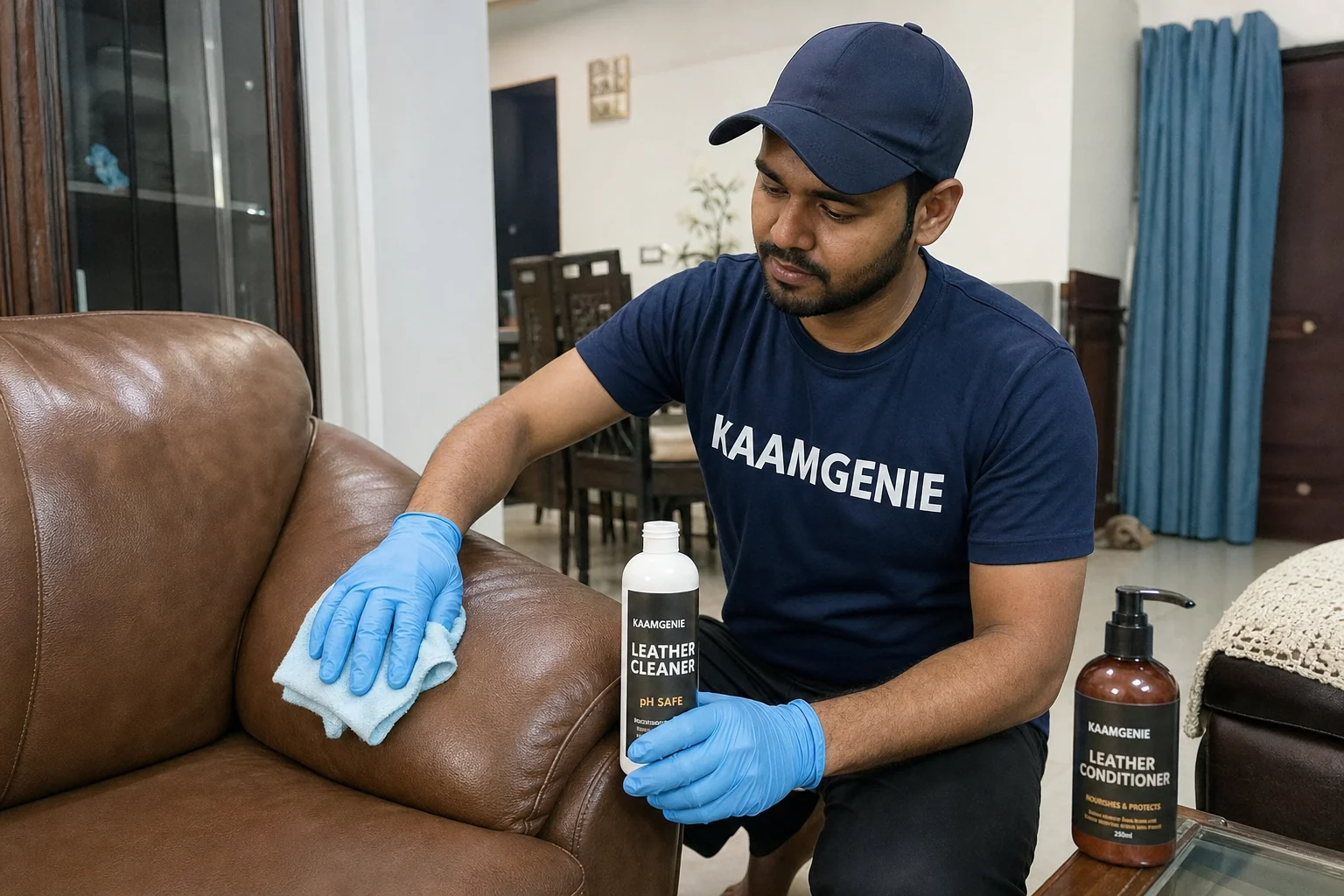 KaamGenie crew doing leather sofa cleaning at a Delhi NCR home