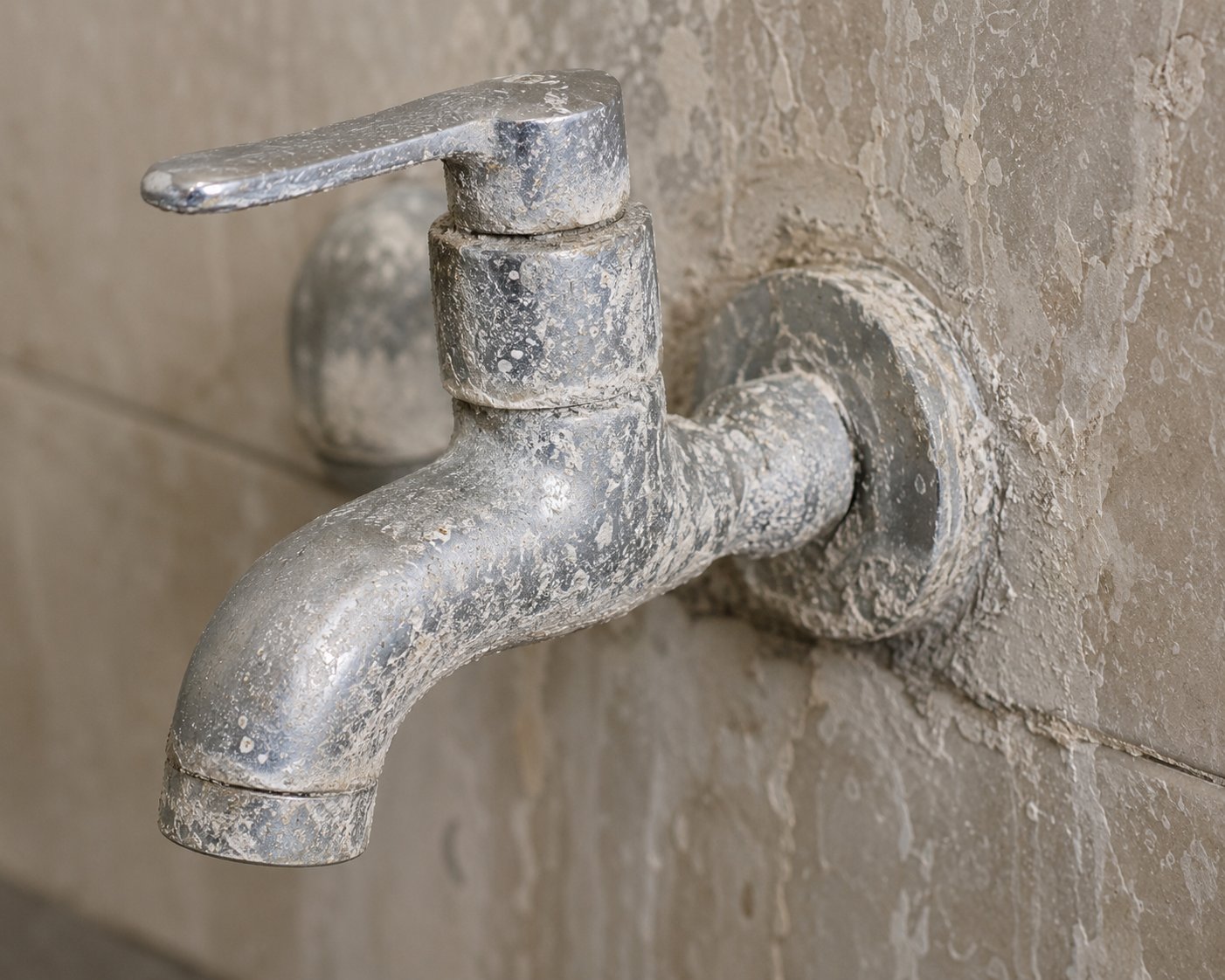 Close-up of a Delhi bathroom tap heavily coated with white limescale and hard water mineral deposits - same scaling that builds up inside a borewell-fed water tank