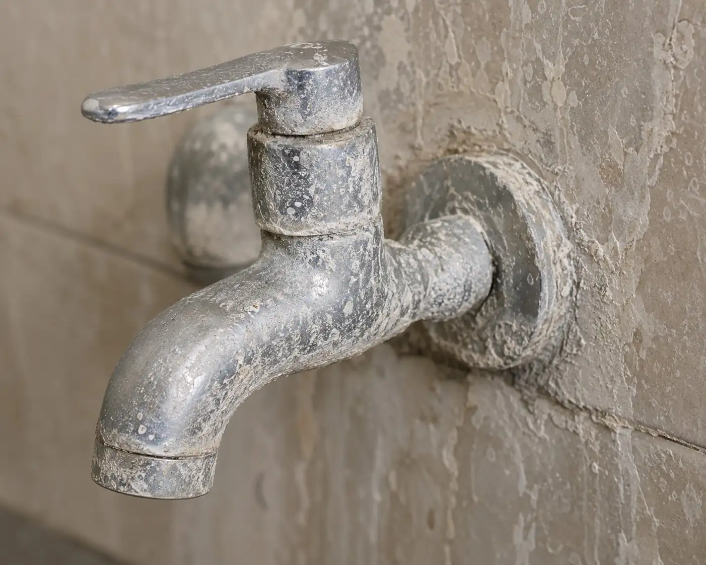 Close-up of a Delhi bathroom tap and tile heavily coated with white limescale and hard water mineral deposits - same scaling that builds up inside a water tank