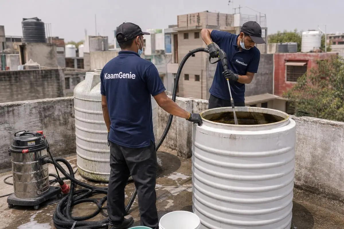 KaamGenie crew cleaning a water tank in Lodhi Colony, Delhi