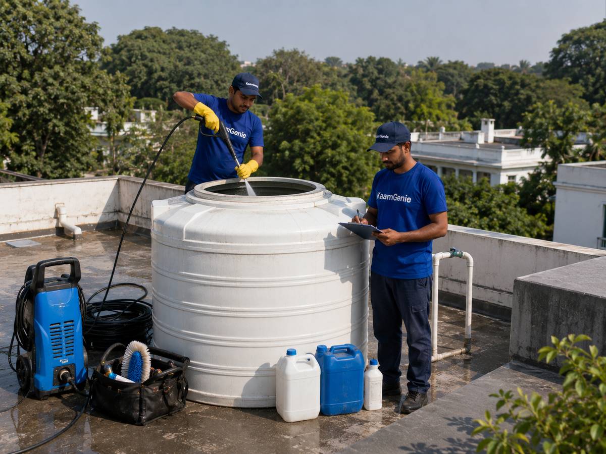 KaamGenie crew cleaning a water tank in Lodi Road, Central Delhi