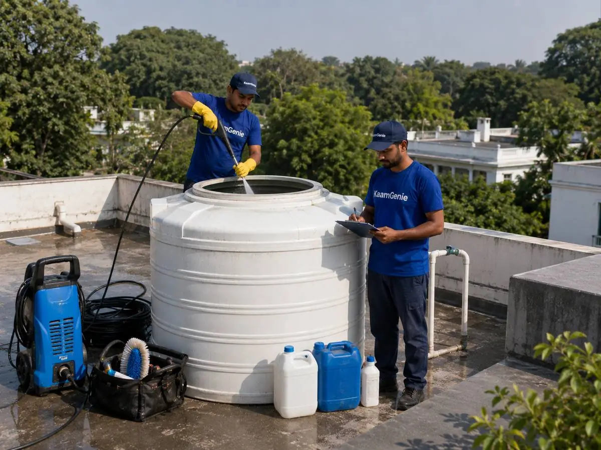 KaamGenie crew cleaning a water tank in Lodi Road, Central Delhi