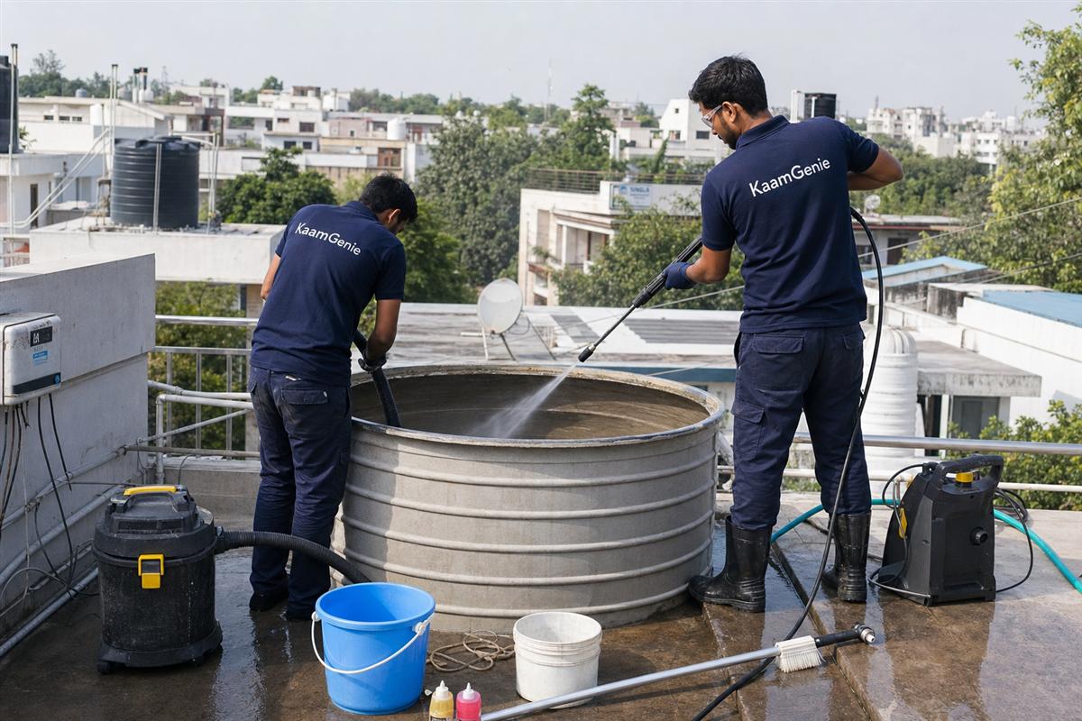 KaamGenie crew cleaning a water tank in Madangir, Delhi