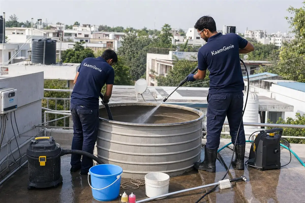 KaamGenie crew cleaning a water tank in Madangir, Delhi