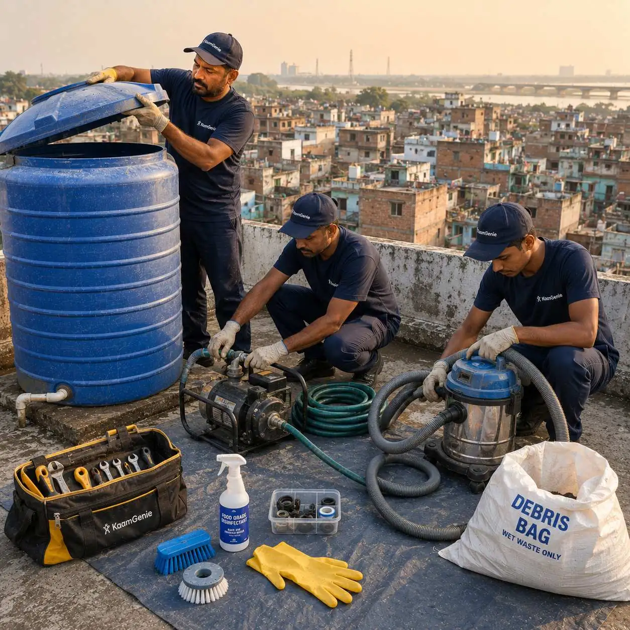 KaamGenie crew cleaning an overhead water tank on a Madanpur Khadar rooftop in South Delhi