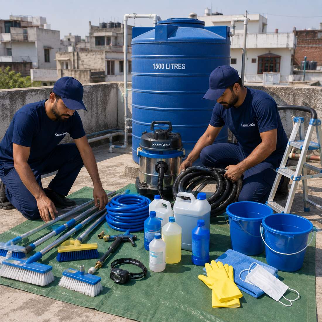 KaamGenie crew cleaning a water tank in Madipur, West Delhi
