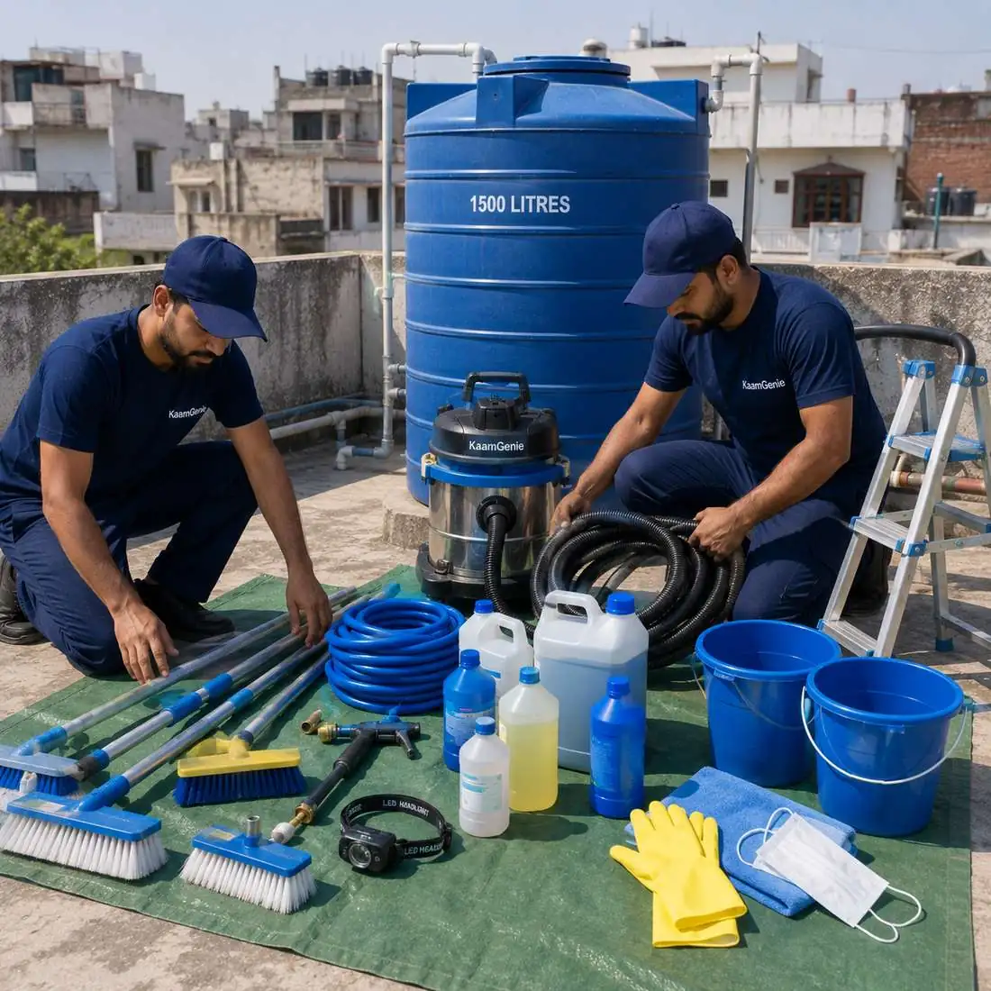 KaamGenie crew cleaning a water tank in Madipur, West Delhi