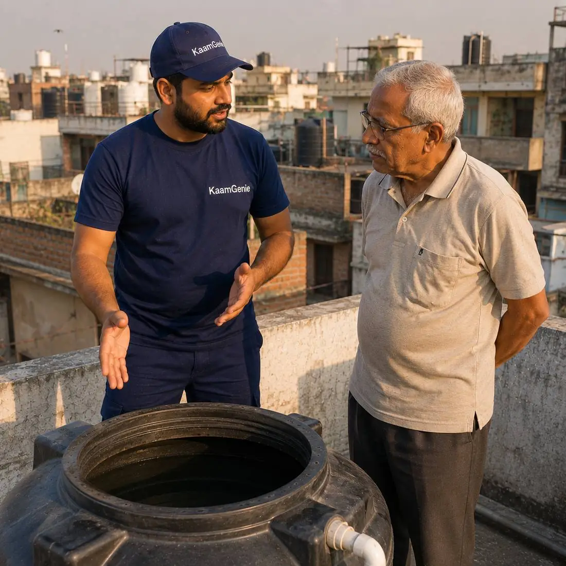 KaamGenie crew cleaning a water tank in Mahabir Nagar, West Delhi
