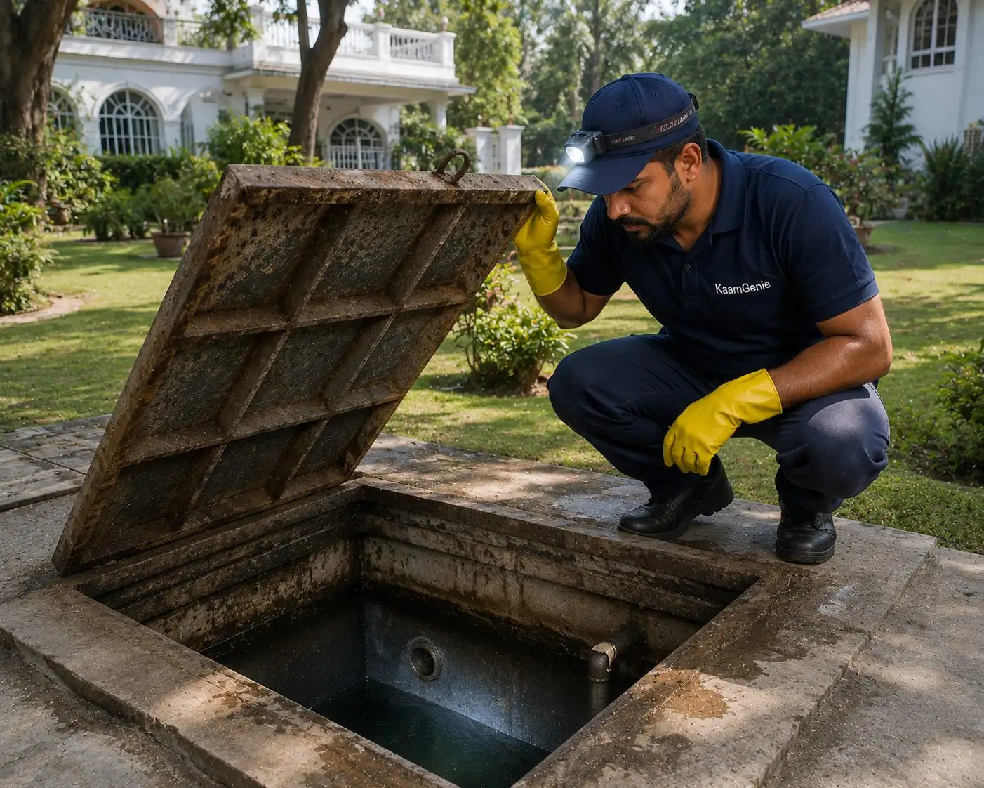 KaamGenie crew cleaning a water tank in Maharani Bagh, South Delhi