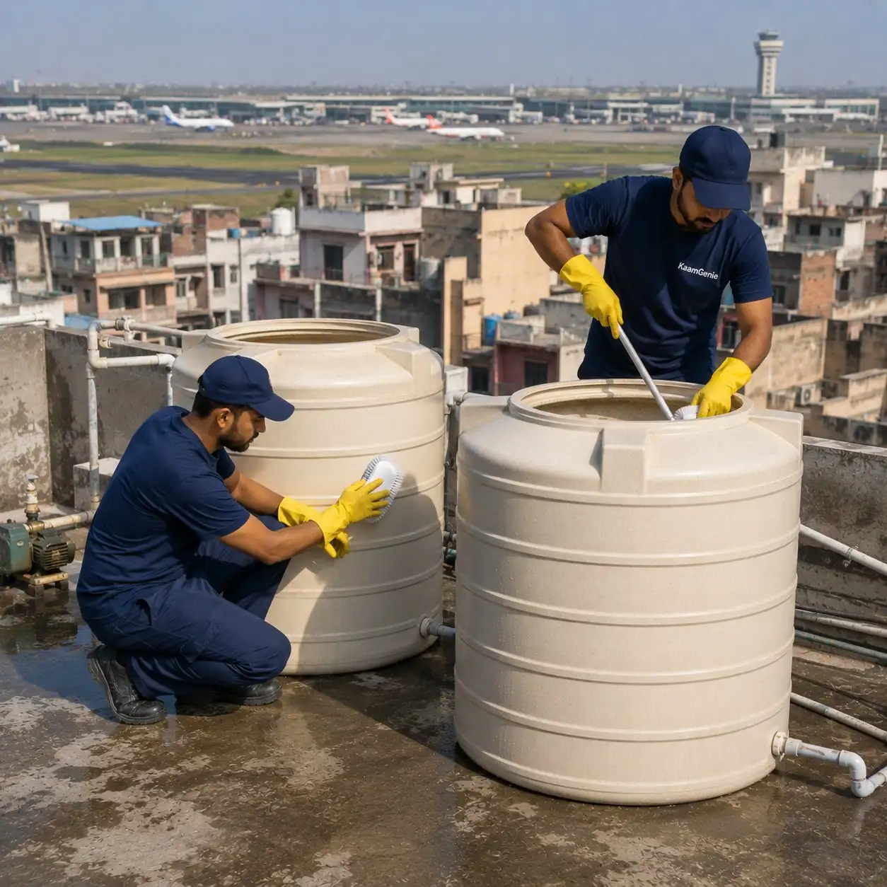 KaamGenie crew cleaning rooftop water tanks at a Mahipalpur budget hotel near IGI Airport, New Delhi