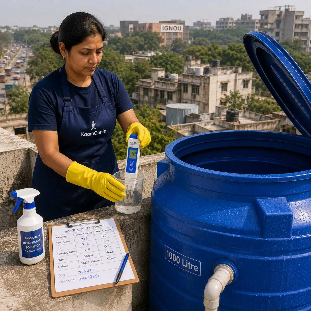 KaamGenie crew cleaning an overhead water tank on a Maidan Garhi rooftop in South Delhi