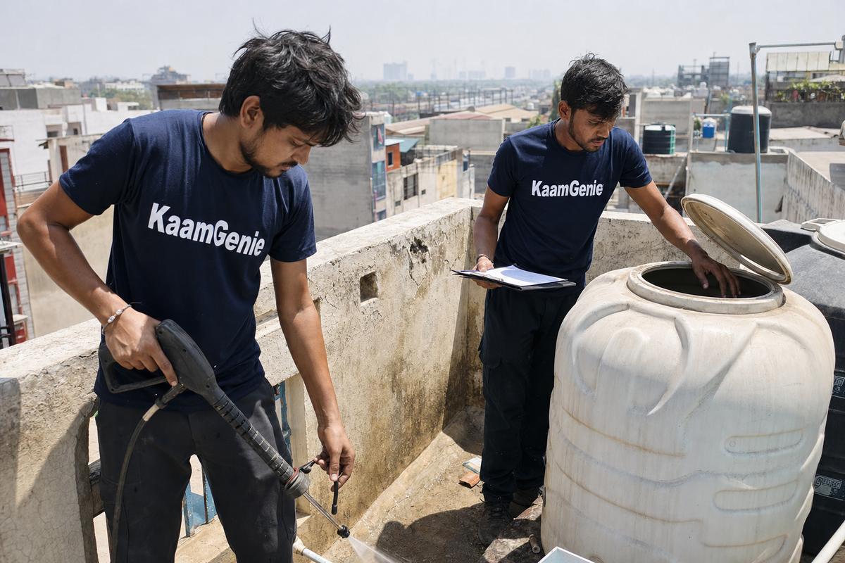 KaamGenie crew cleaning a water tank in Malka Ganj, North Delhi