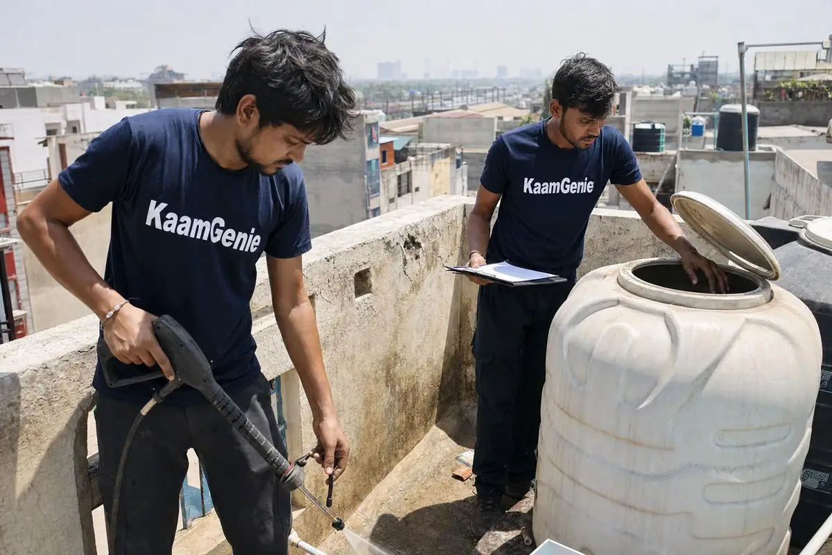 KaamGenie crew cleaning a water tank in Malka Ganj, North Delhi
