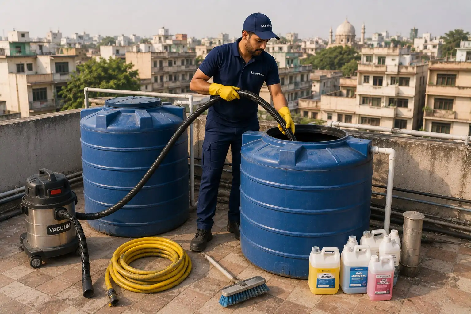 KaamGenie crew cleaning twin plastic overhead water tanks on a Malviya Nagar Geetanjali Enclave rooftop