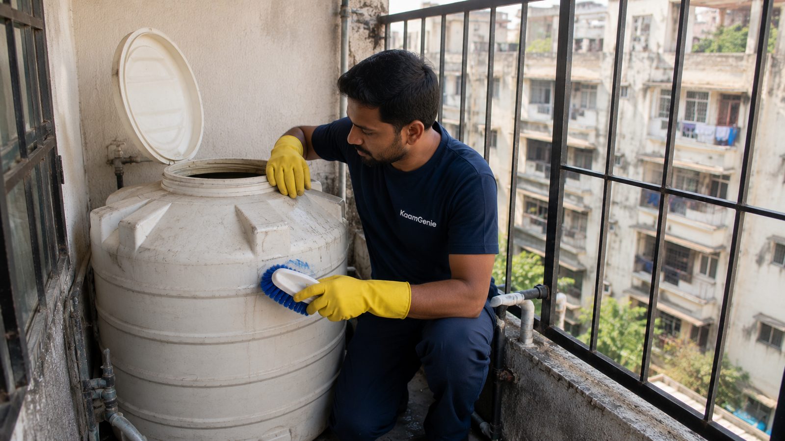 KaamGenie crew cleaning a water tank in Mandawali Fazalpur, East Delhi