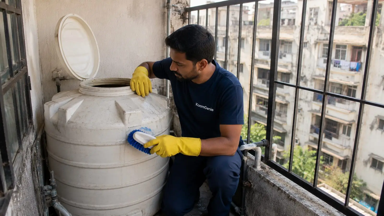 KaamGenie crew cleaning a water tank in Mandawali Fazalpur, East Delhi