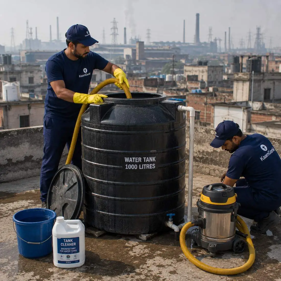 KaamGenie crew cleaning a water tank in Mandoli Saboli, East Delhi