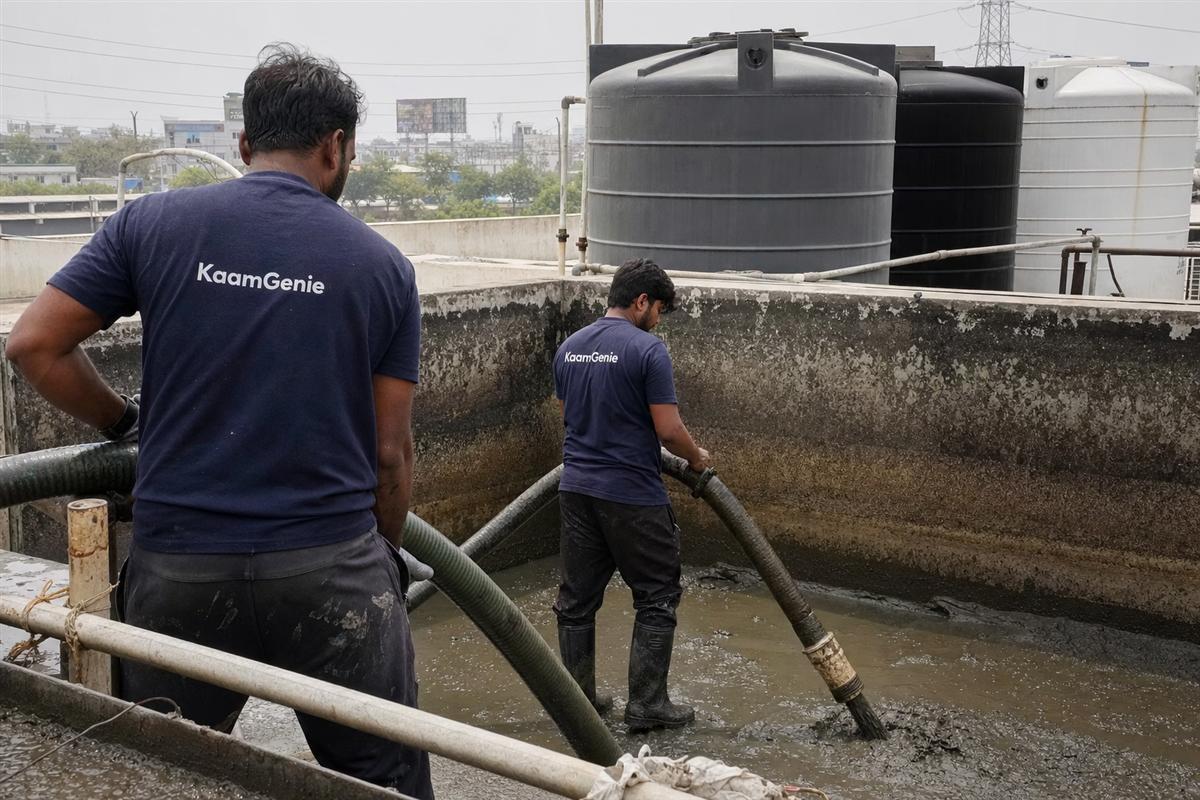Muddy brown sediment vacuumed from the bottom of a large industrial-area underground water reservoir in Manesar, Gurgaon