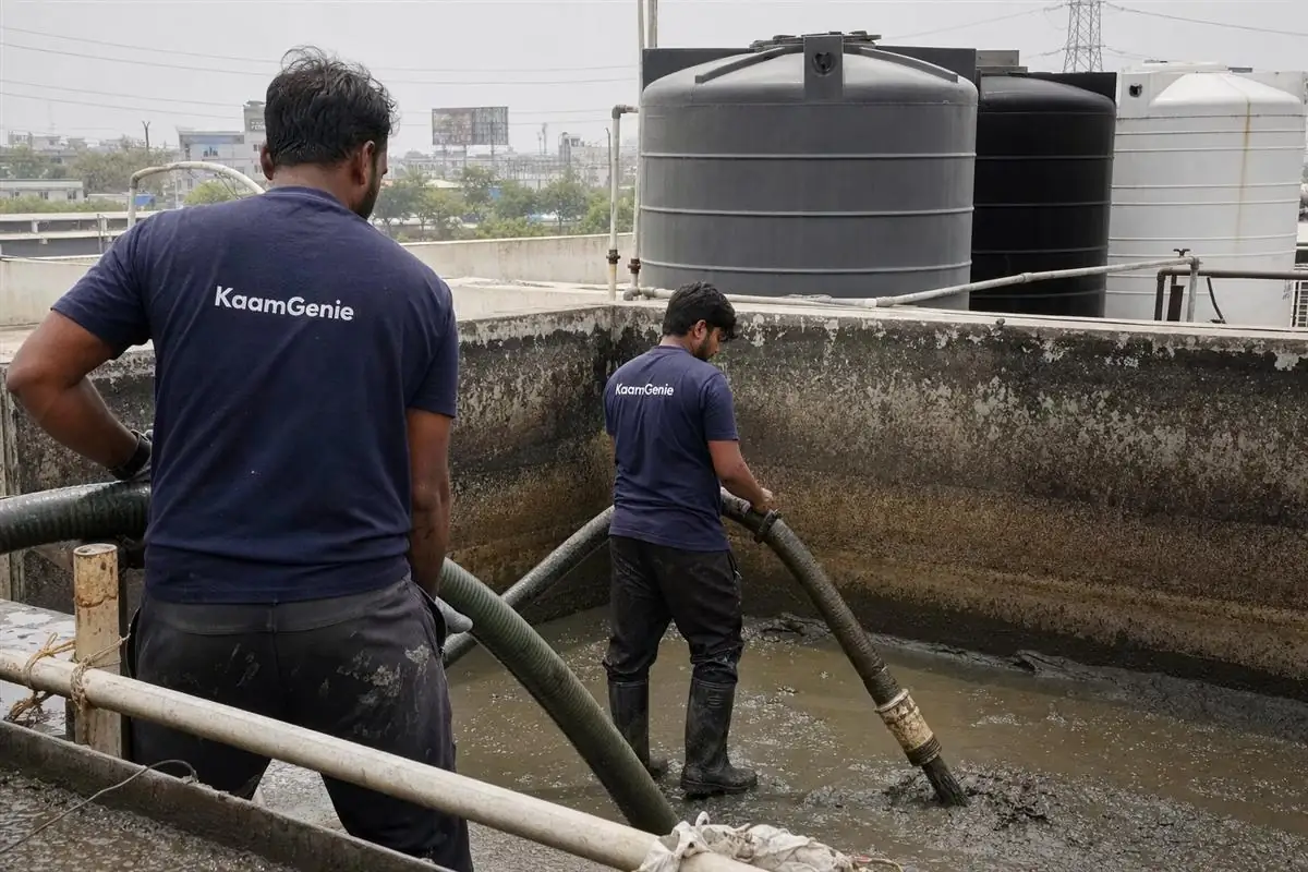 Muddy brown sediment vacuumed from the bottom of a large industrial-area underground water reservoir in Manesar, Gurgaon
