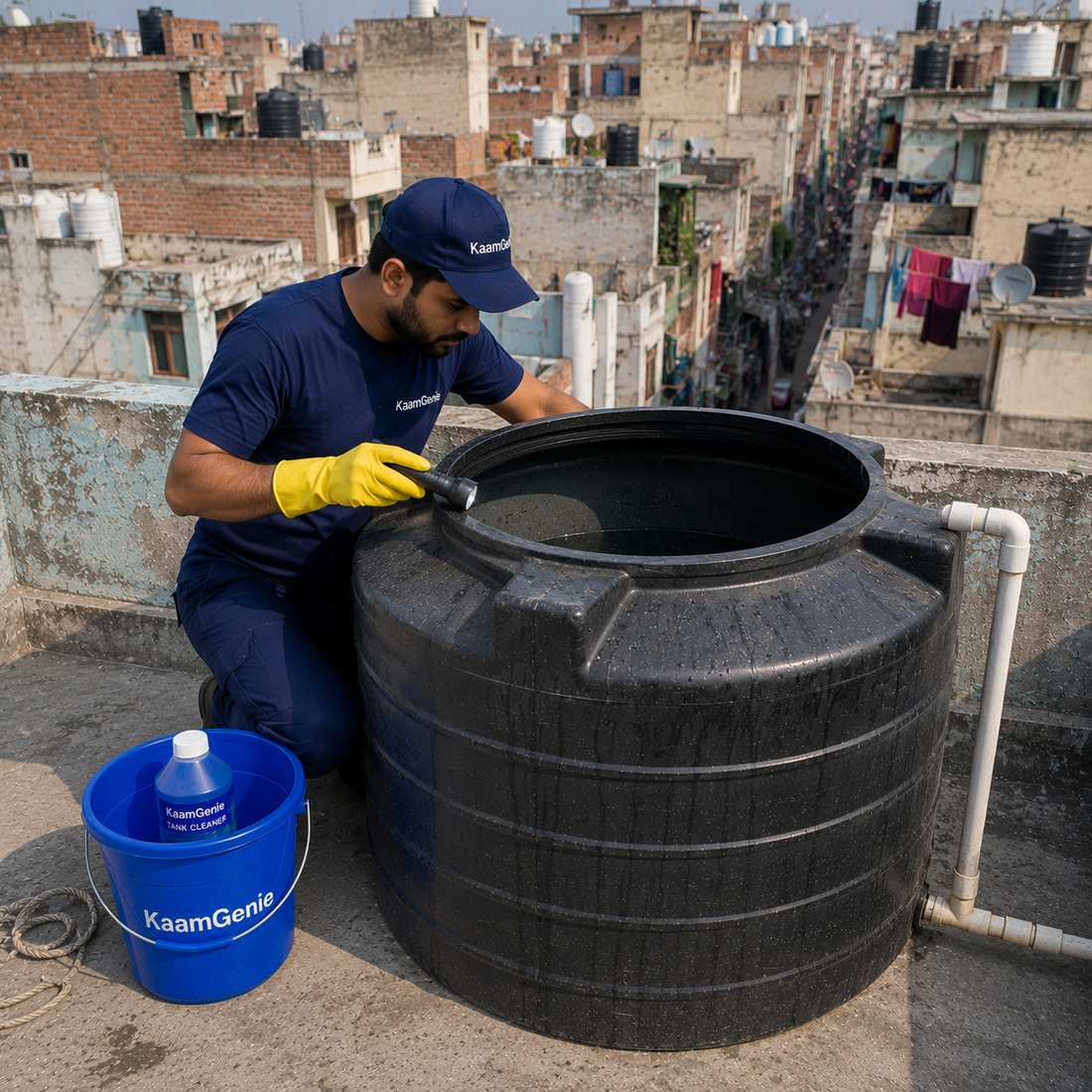 KaamGenie crew cleaning a water tank in Mangolpuri, West Delhi