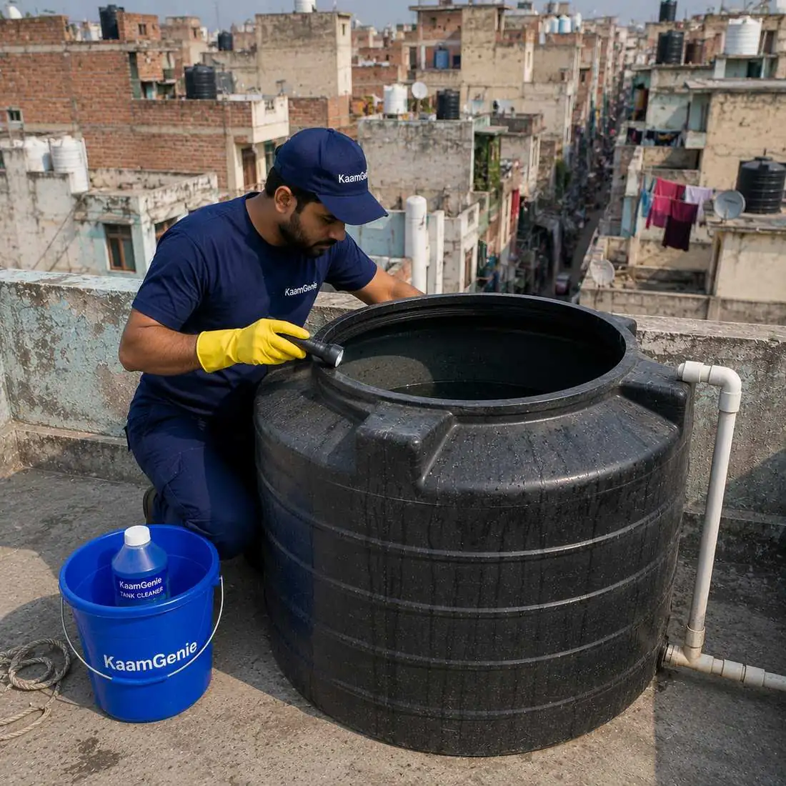 KaamGenie crew cleaning a water tank in Mangolpuri, West Delhi