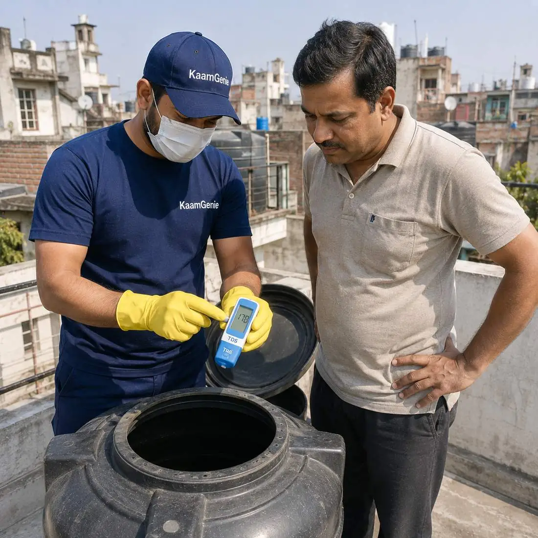 KaamGenie crew cleaning a water tank in Mansarovar Garden, West Delhi