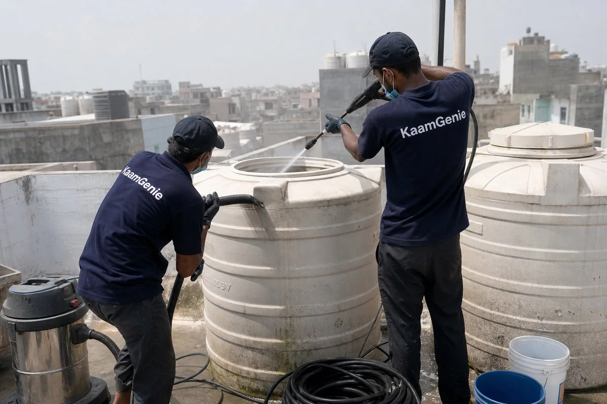 KaamGenie crew cleaning a water tank in Masjid Moth, Delhi