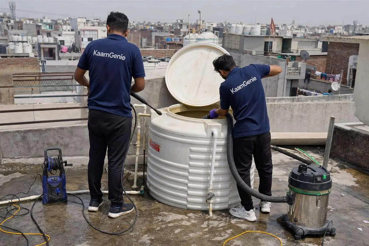 KaamGenie crew cleaning a water tank in Matiala, Delhi