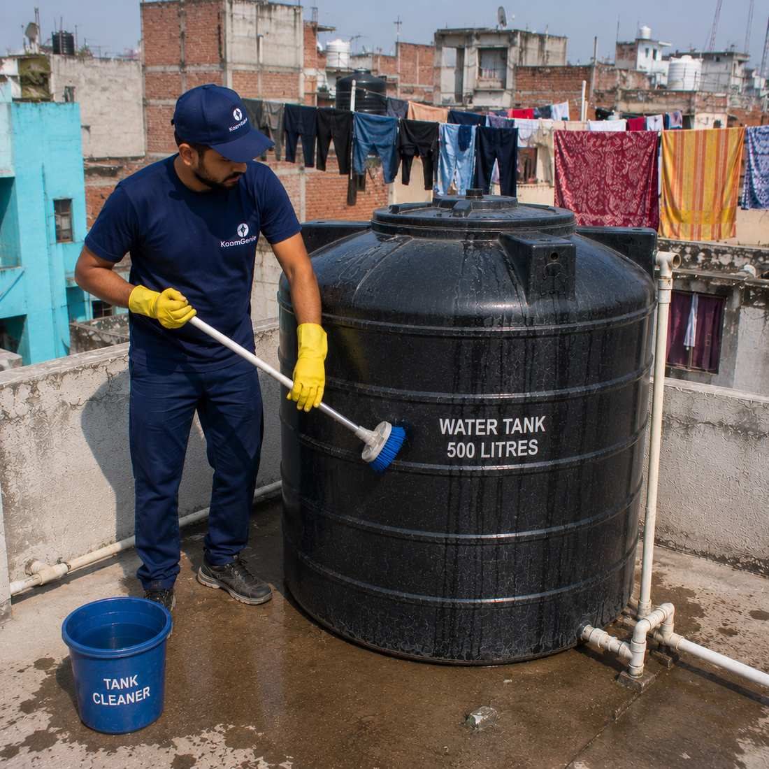 KaamGenie crew cleaning a water tank in Maujpur, East Delhi