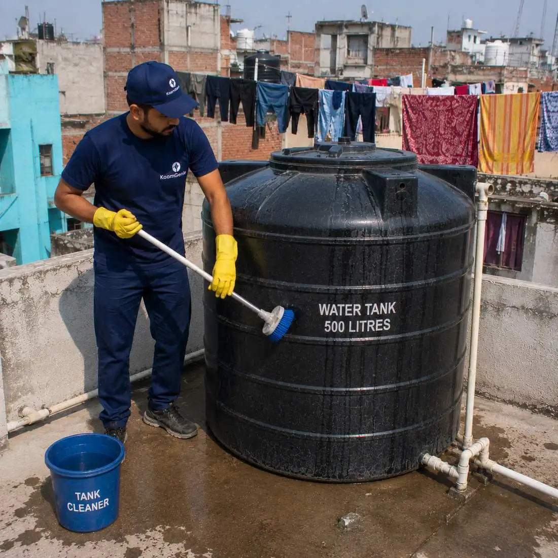 KaamGenie crew cleaning a water tank in Maujpur, East Delhi
